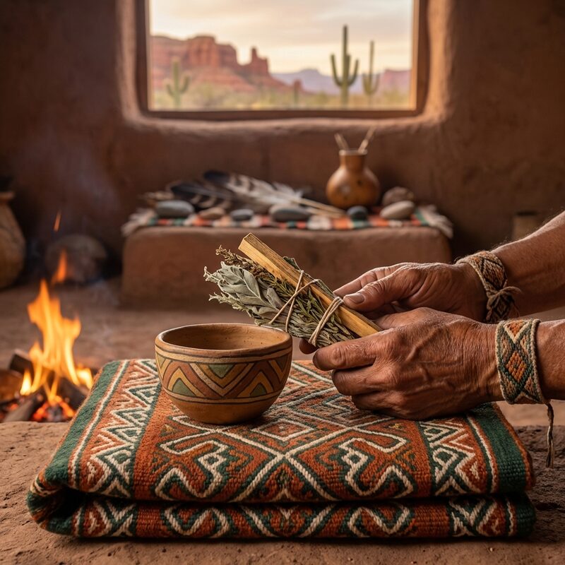 Sacred herbs and clay vessel