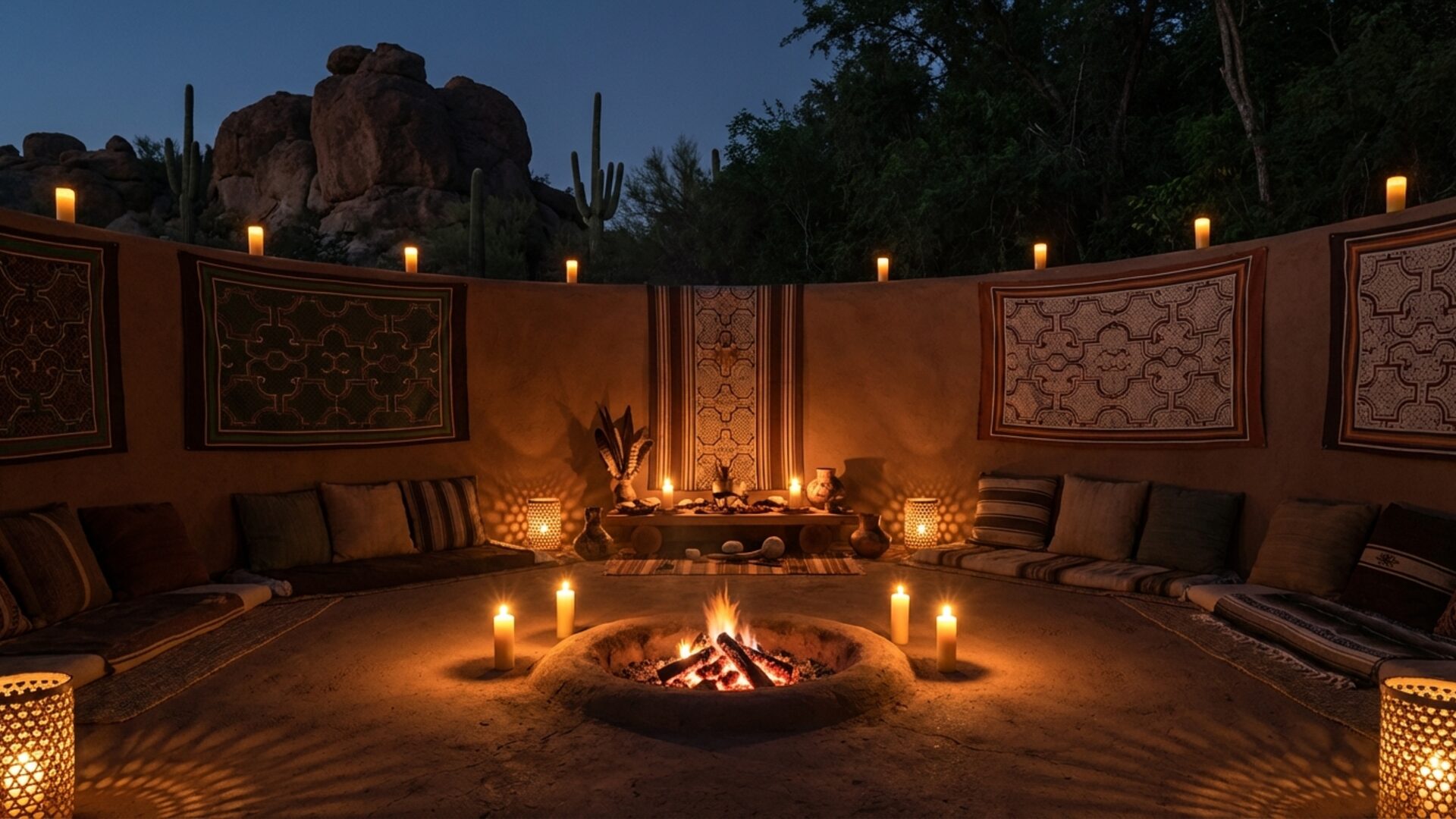 Interior of a ceremonial lodge at night lit by firelight