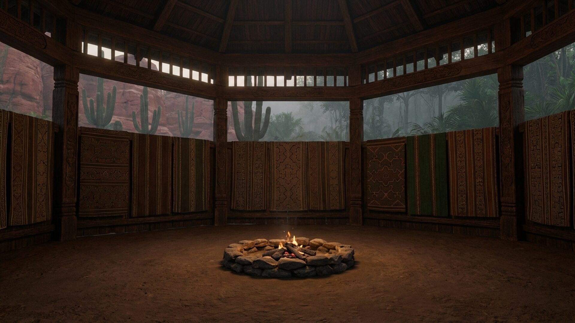 Interior of a ceremonial lodge with hand-carved posts