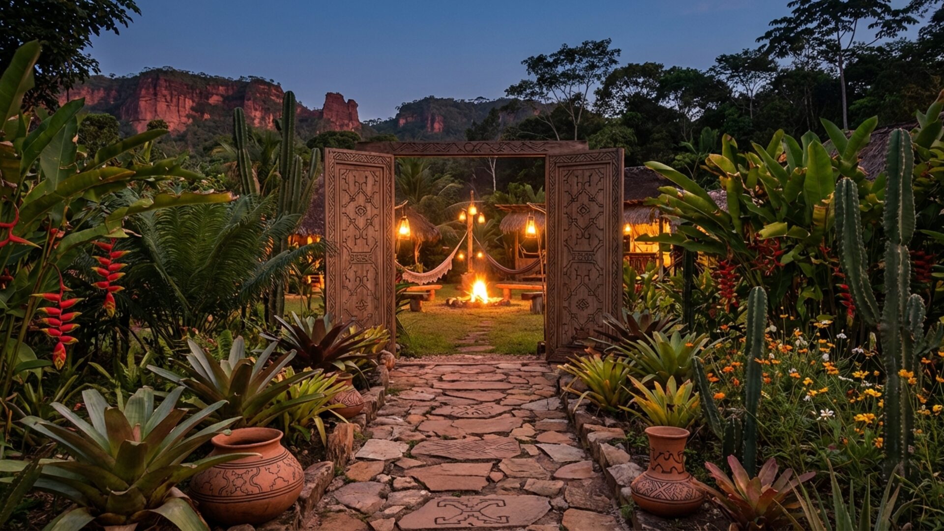 Stone path through a garden leading to a wooden gate