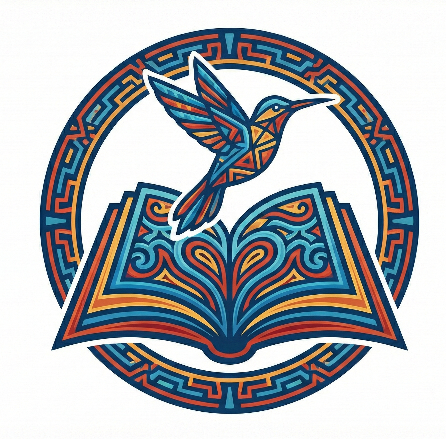 Shipibo Learning app icon — hummingbird over open book with kené patterns